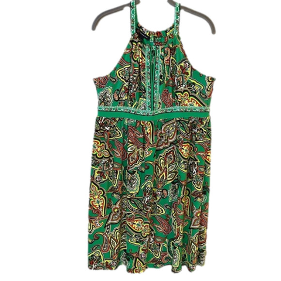 INC Dress Sleeveless Empire Waist High Neck Green Multicolored Women Size L - Picture 1 of 14